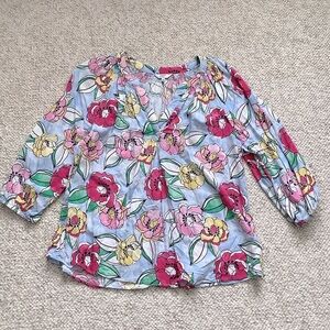 EUC Crown & Ivy Popover V Neck Blouse Bright Floral M Rayon Elastic 3/4 Sleeves
